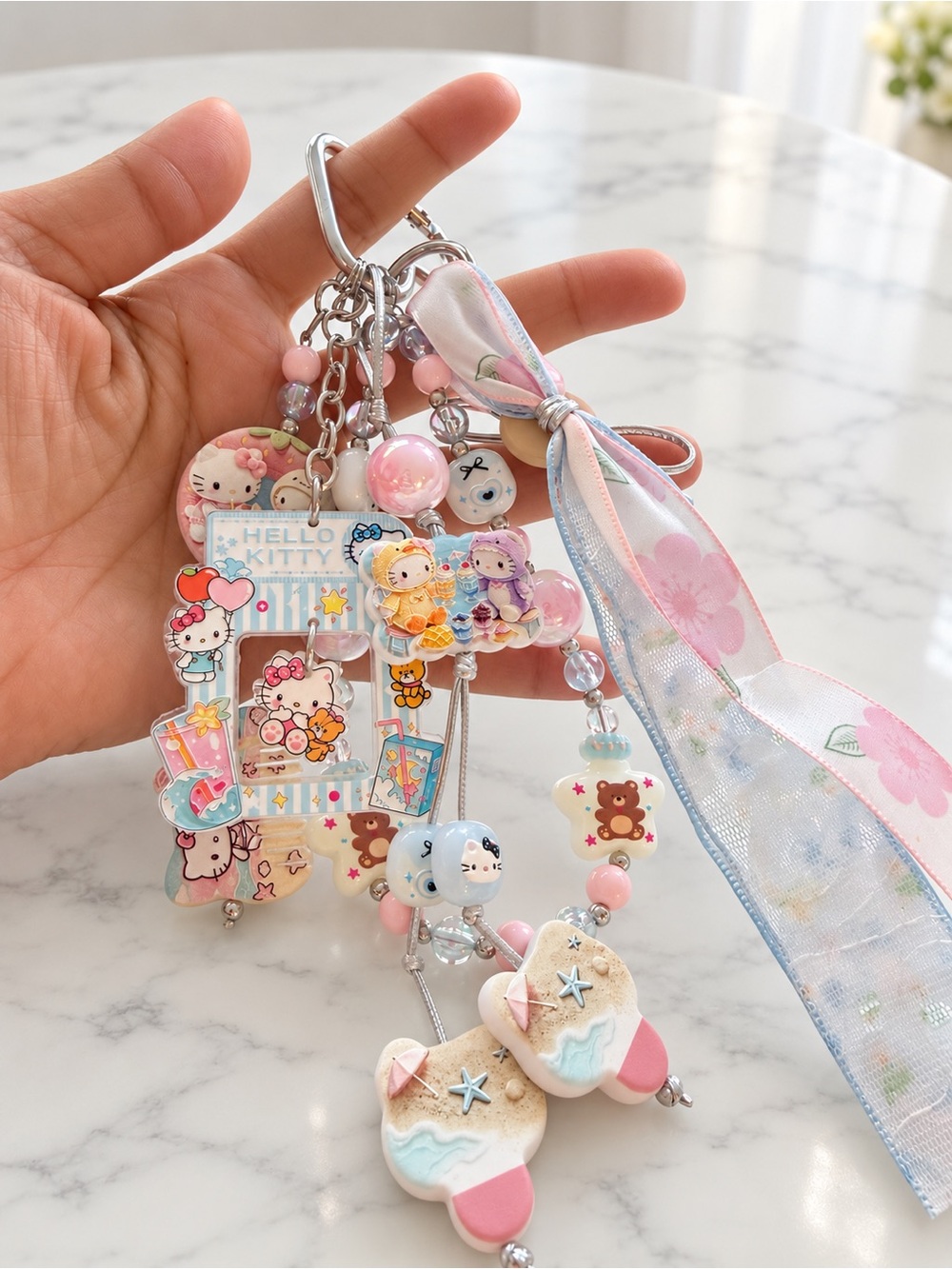 Hello Kitty Pastel Pink Multi-Charm Bag Keychain with Ribbon